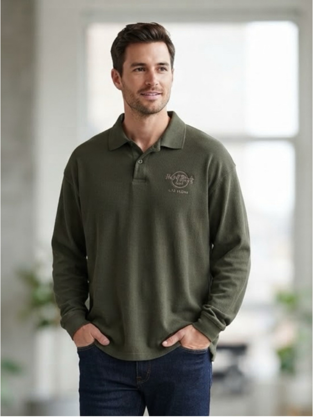 Hard Rock Cafe Long Sleeve Collared Shirt Olive Green Logo size men Large L